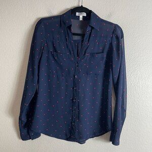 Express Portofino Shirt XS Sheer Navy Red Hearts Button Up Roll Tab Sleeve Top‎